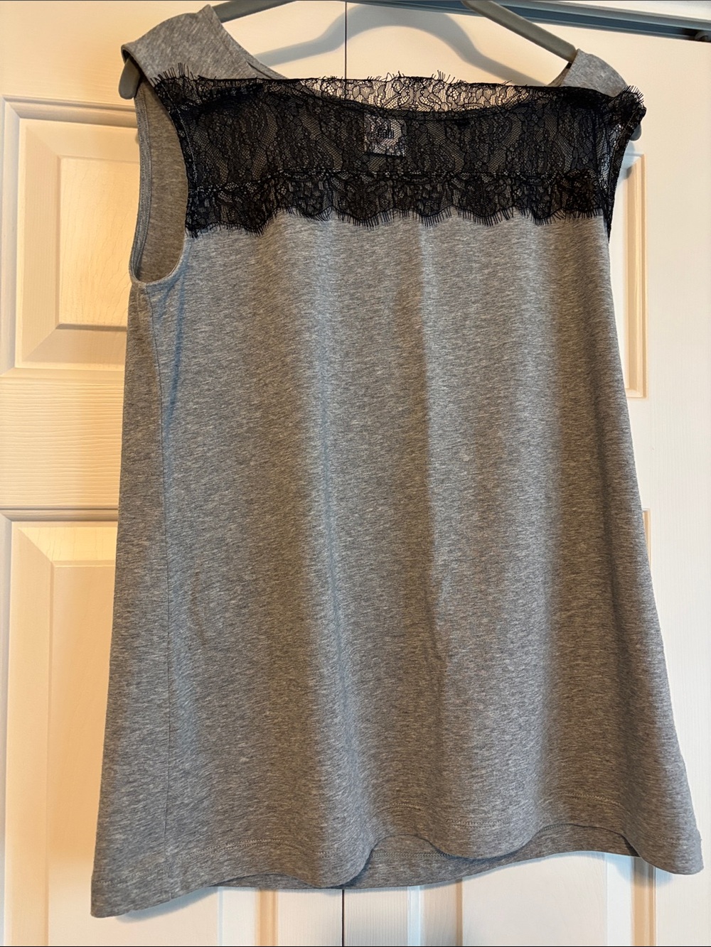 CAbi Gray Sleeveless Sleeveless Tunic with Black Lace Yoke